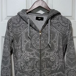 Women's Obey All Over Design Gray Full Zip Hoodie Sweatshirt Size Medium
